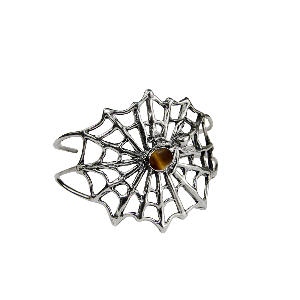 Sterling Silver Spider Web Cuff Bracelet With Tiger Eye